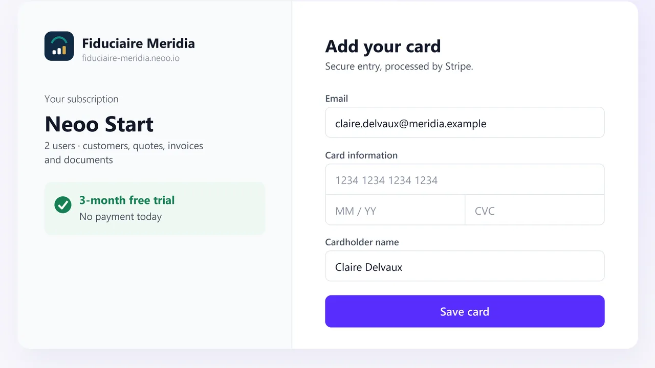 Illustration simplifiée de l’étape 4 sur 4 : la carte enregistrée chez Stripe, sans paiement aujourd’hui