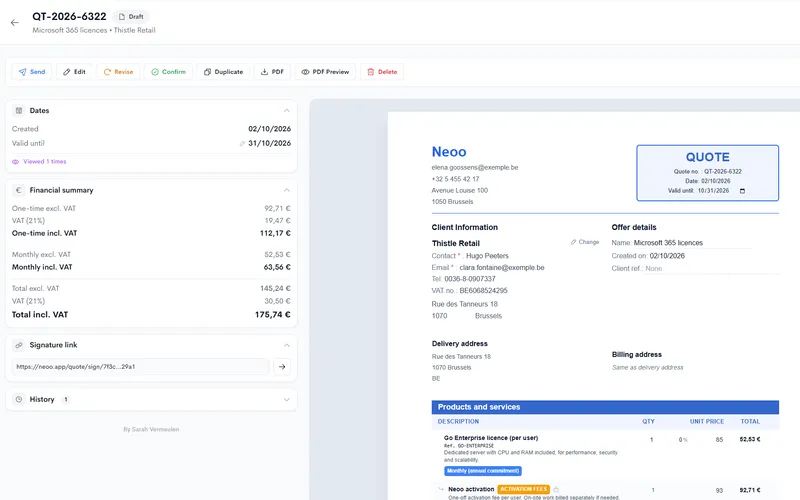 Devis Neoo : client, produits, montants mensuels et ponctuels, lien de signature et aperçu du document.