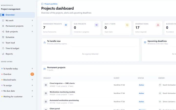 Tableau de bord des projets dans Neoo : vues enregistrées, indicateurs et liste des projets avec client, statut et responsable.