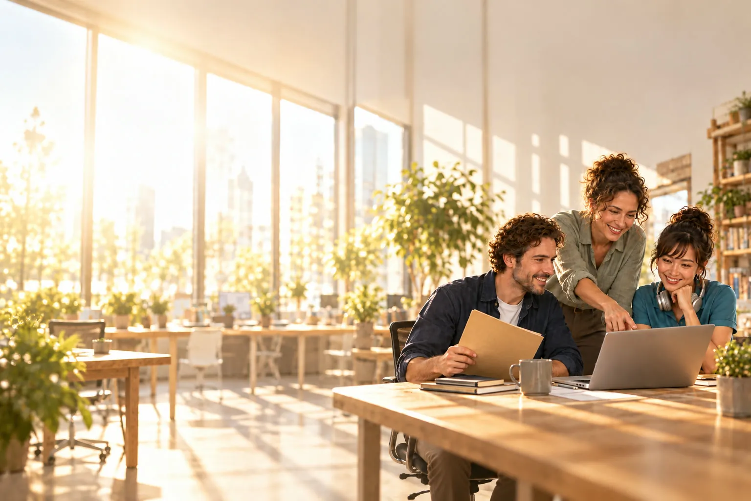 Trois collègues, de la vente, du support et de la direction, réunis autour du même ordinateur portable dans un bureau ensoleillé