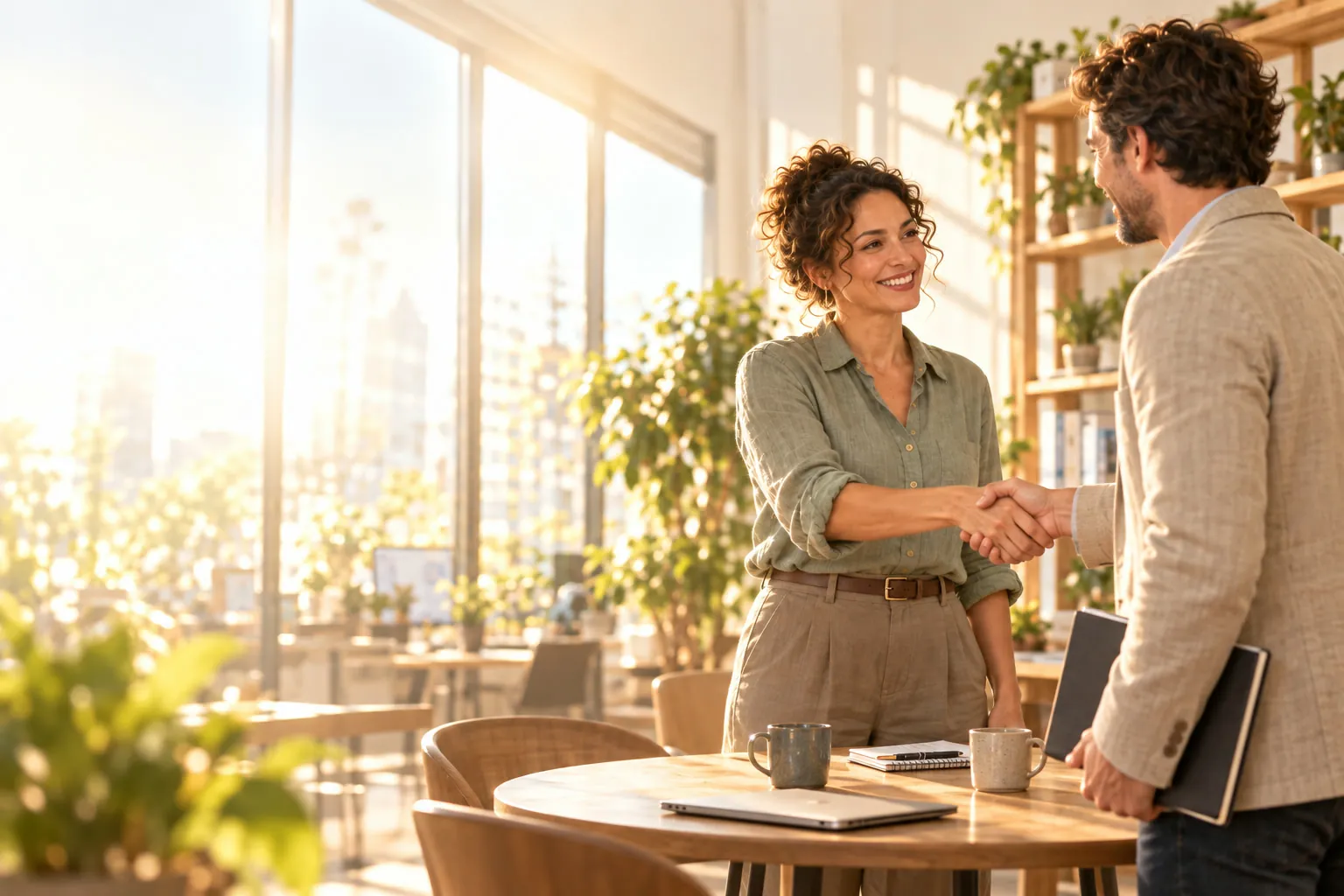 Une consultante accueille un client pour un rendez-vous, autour d’une table de réunion, dans un bureau baigné de soleil