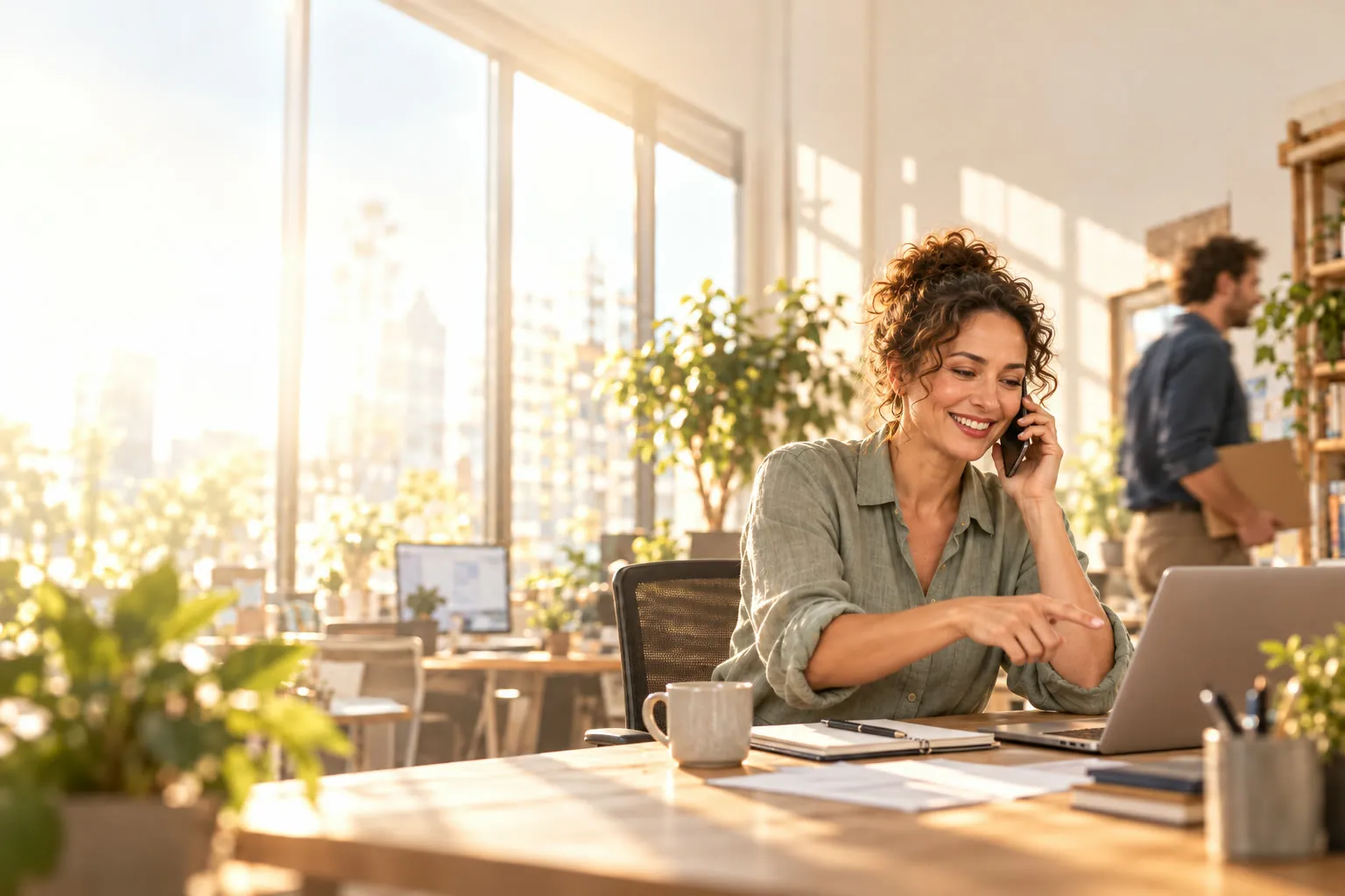 Une dirigeante au téléphone avec un client, devant son ordinateur portable, dans un bureau baigné de soleil