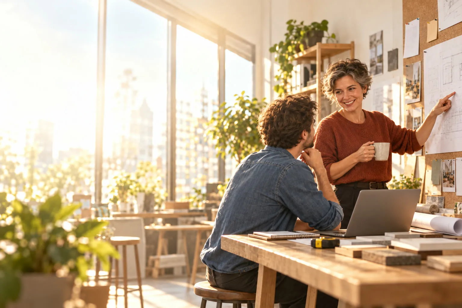 Une cheffe de projet, tasse à la main, montre un plan épinglé au mur à un collègue assis devant son ordinateur, dans un atelier baigné de soleil