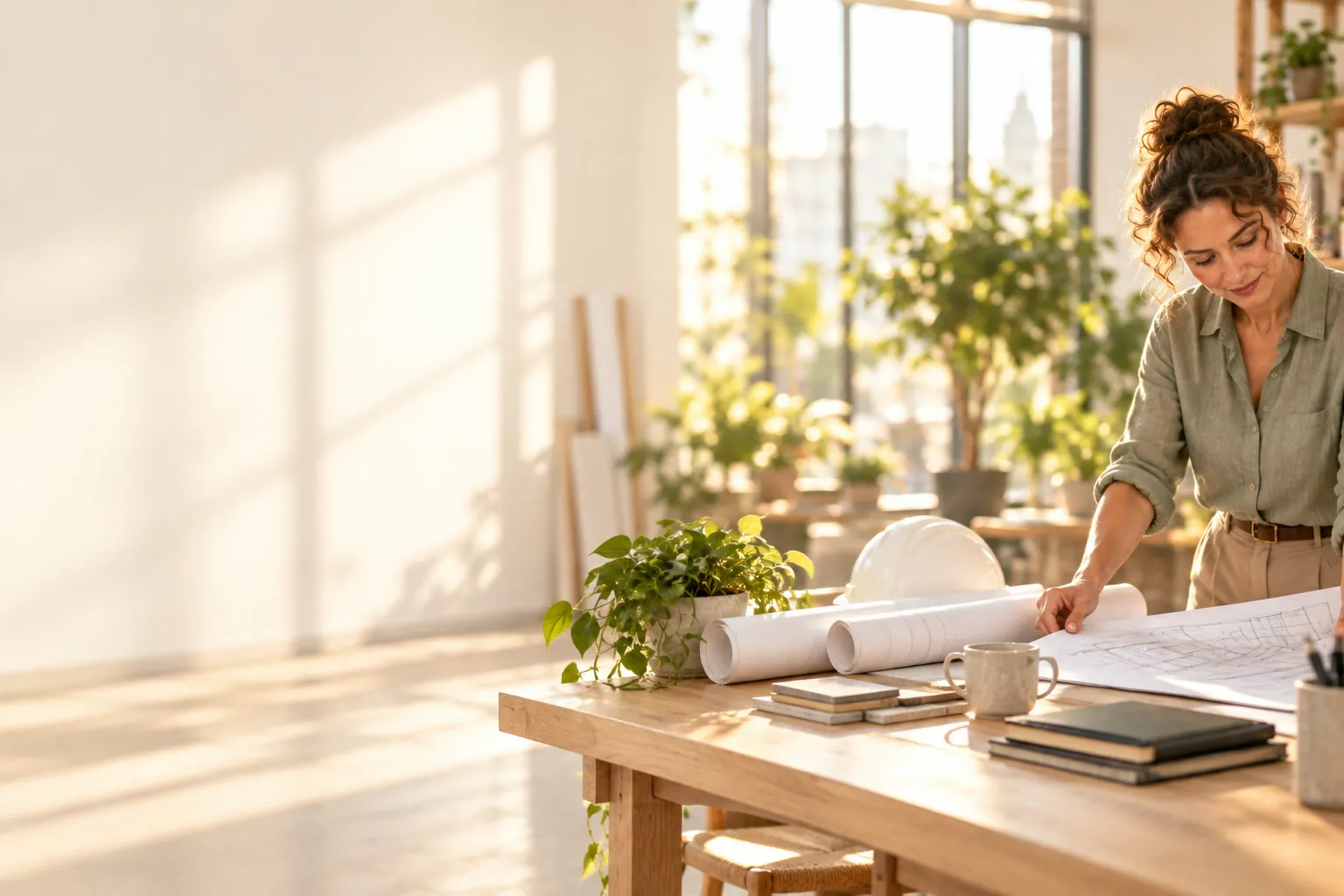 Une experte du secteur de la construction consulte des plans dans un atelier baigné de soleil.