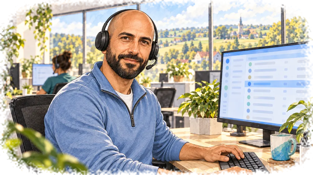 Illustration à l’aquarelle : Bram, expert Cloudbizz, devant ses écrans de supervision.