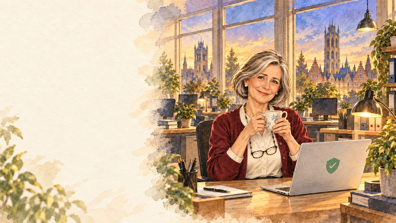 Illustration à l’aquarelle : Greet, sereine, boit un thé devant son portable protégé, au crépuscule dans un bureau de Gand.